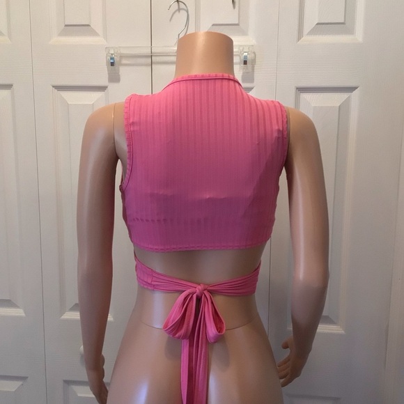 NWOT SHEIN EZwear Womens Pink Ribbed Tie Back Crop Tank Top Size Medium - Picture 3 of 10